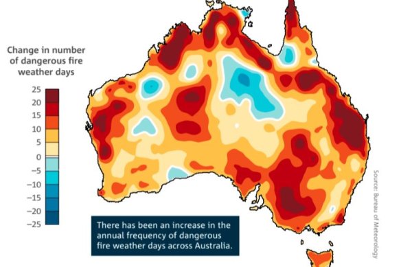 The map shows the change in the annual (July to June) number of days that the FFDI exceeds its 90th percentile between the two periods: July 1950 to June 1986 and July 1986 to June 2022. The FFDI is an indicator of dangerous fire weather conditions for a given location.