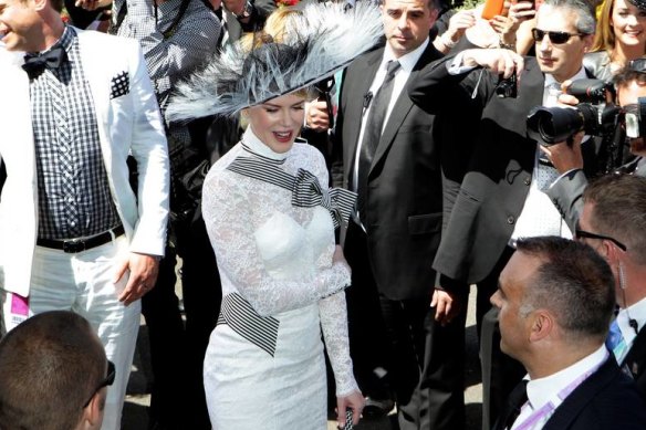 Nicole Kidman in the Birdcage at Flemington in 2012, arriving at the Swisse marquee.