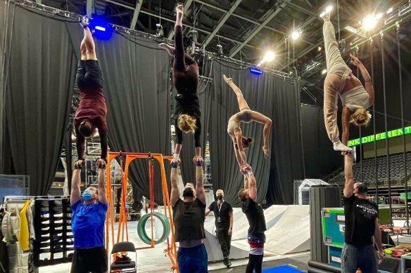 McLeish practising with other acrobats for Cirque du Soleil’s Crystal show.