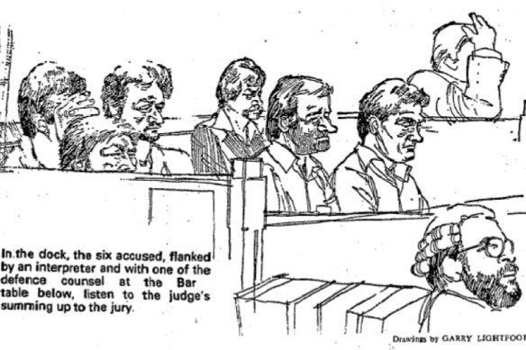 Sudska skica hrvatske šestorke, objavljena u The Sydney Morning Heraldu 24. siječnja 1981.