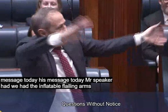 Premier Roger Cook calling Liberal Leader Basil Zempilas an inflatable flailing arms man. 