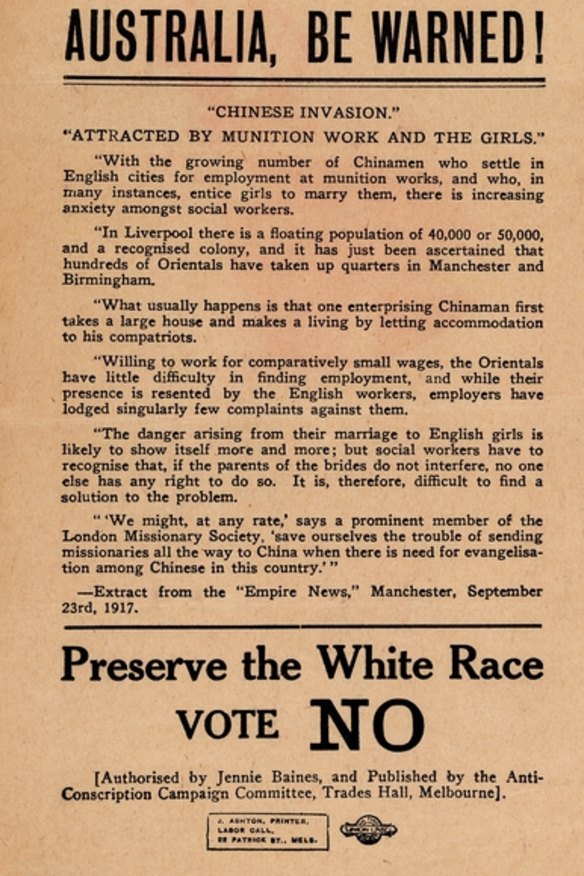 An anti-conscription poster from World War I points to the dangers of race mixing should Australia follow Britain into conscription.