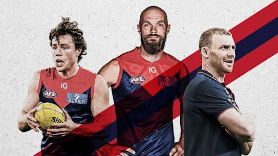 The Demons aim to regain respect in 2024. From left: Young gun Tom Sparrow, captain Max Gawn and coach Simon Goodwin.