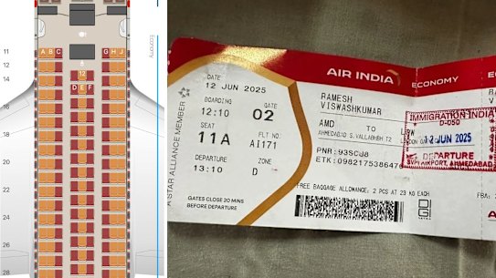 A seating chart for Air India’s Boeing 787-8 Dreamliner shows seat 11A at the emergency exit. It was the seat assigned to Ramesh Viswashkumar.