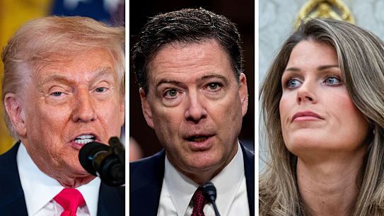 US President Donald Trump, former FBI director James Comey and US Attorney Lindsey Halligan.