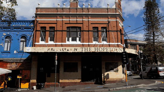 Sydney’s “lazy” spaces: The Green Park Hotel, old Glebe post office, Hopetoun Hotel and former Gould’s Books in Newtown.