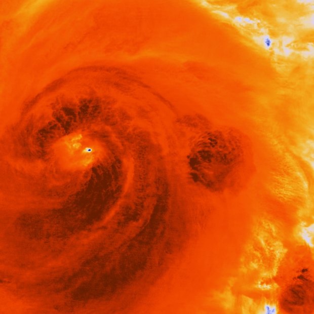 In this infrared image, dark areas show the most intense energy swirling through Hurricane Sandy over Cuba in 2012.