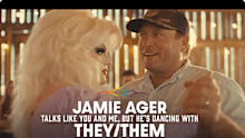 An AI-generated ad depicts Jamie Ager dancing with a drag queen.