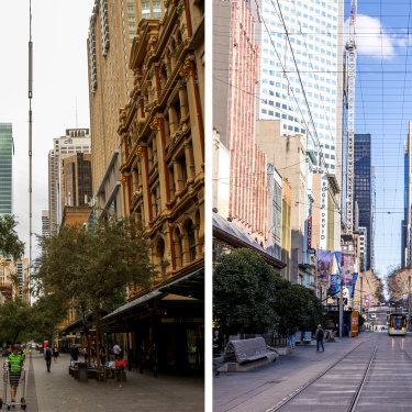 Left: Pitt street mall in CBD in Sydney in April. Right: Melbourne CBD in July. 