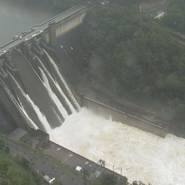 Water spills over Warragamba Dam on Sunday.