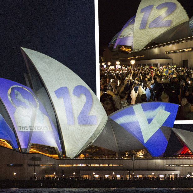 Protesters opposed the projection of material promoting The Everest racing event onto the sails of the Opera House.