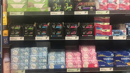 Tampon pricing (left on NYE 2018, right on New Year's Day 2019). Photo: Chloe Booker