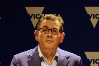 Victorian Premier Daniel Andrews giving a press conference at treasury place in Melbourne on Tuesday. 