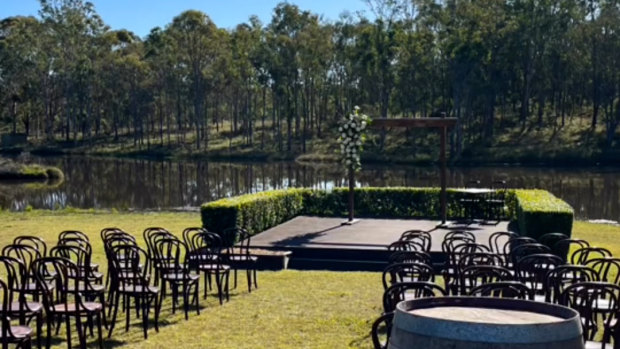 The couple married on a pontoon overlooking the Wandin Estate dam.