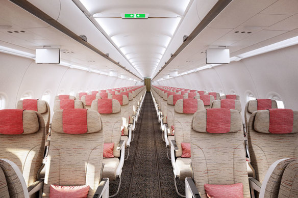 There are 159 economy seats in a 3-3 configuration.
