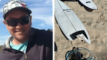Mel Ismail (left) and the damage done to his board in the shark attack.