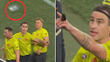 Umpire Jacob Mollison calls out the offender who threw a bottle at umpires leaving the field.