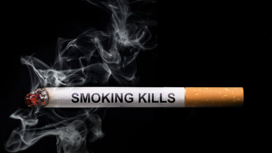 An artist’s impression of a cigarette branded with a ‘smoking kills’ warning, as proposed by the Health Minister Mark Butler. 