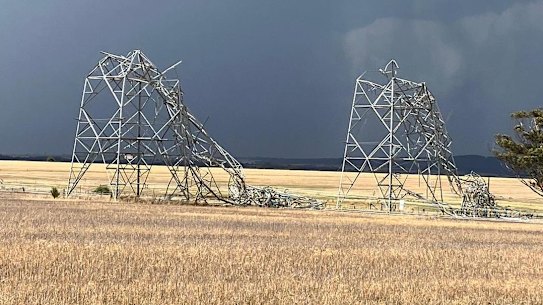 Transmission towers in Anakie, near Geelong, were knocked down.