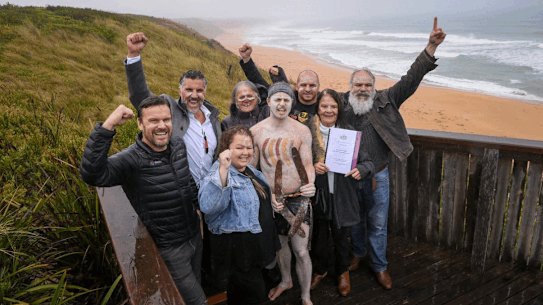 Eastern Maar family claimants celebrate at Logans Beach on Tuesday.