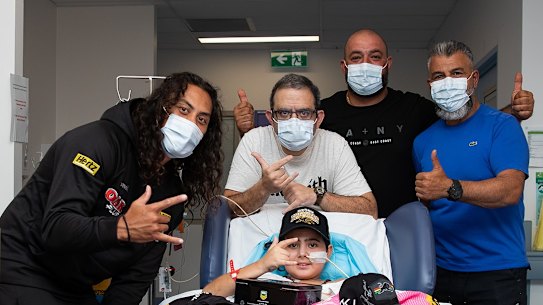 Panthers star Jarome Luai visits Sea World helicopter tragedy survivor Nicholas Tadros.