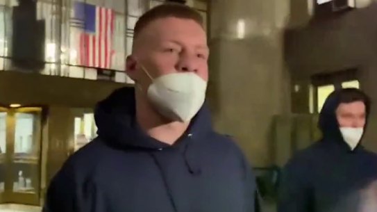 Jordan De Goey leaves a New York court on Sunday.