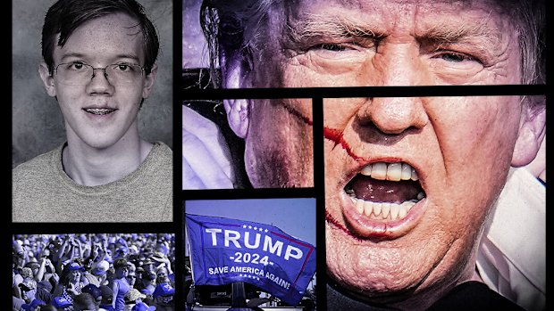 From left: Shooter Thomas Matthew Crooks, the rally at Butler, Pennsylvania, and a wounded Donald Trump.