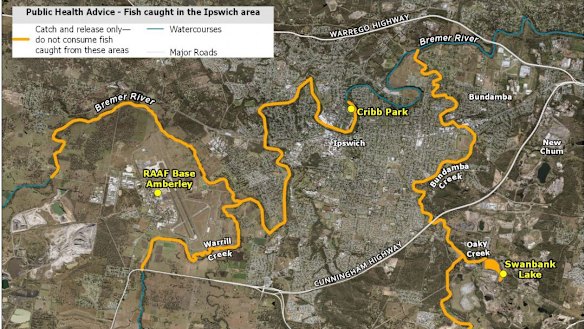 The March 2019 PFAS contamination warning from Queensland Health, with streams marked yellow to show fish bans.