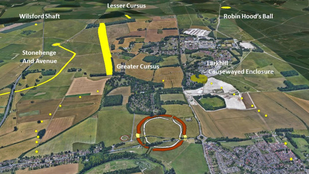 The shafts form a circle more than two kilometres in diameter which encloses an area greater than three square kilometres around the Durrington Walls henge, one of Britain’s largest henge monuments and close to Stonehenge.