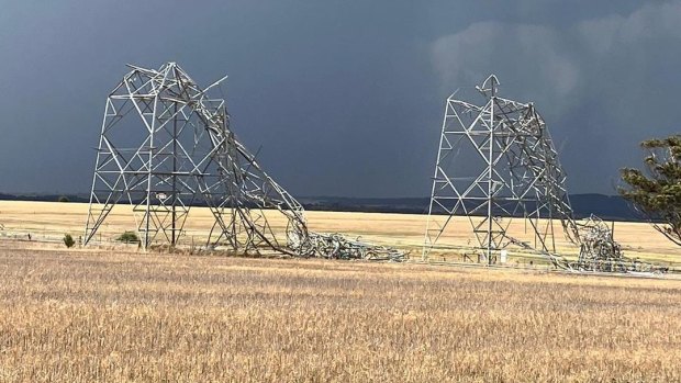 Transmission towers in Anakie, on as 500 kilovolt line near Geelong, were knocked down in wild storms on Tuesday.