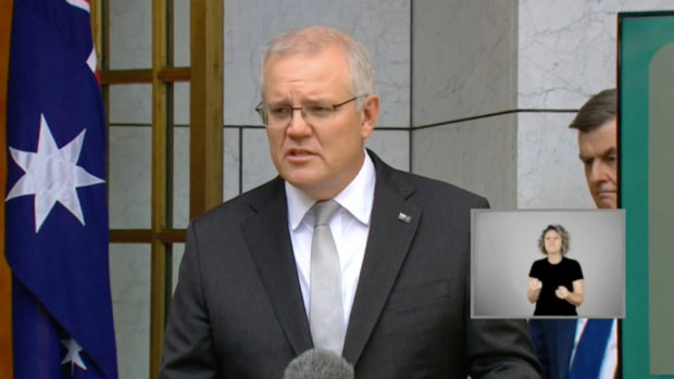 Prime Minister Scott Morrison at this afternoon’s press conference.