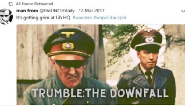 Ali France retweeted this faked image of Peter Dutton in 2017.
