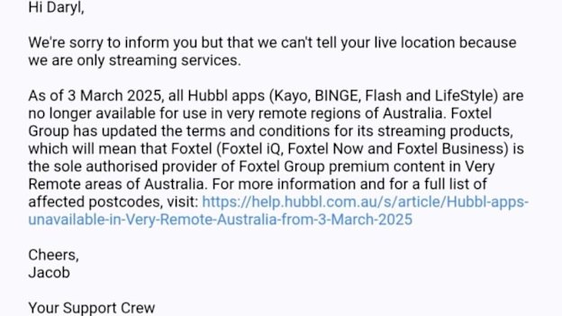 An email Daryl received regarding his Kayo access.