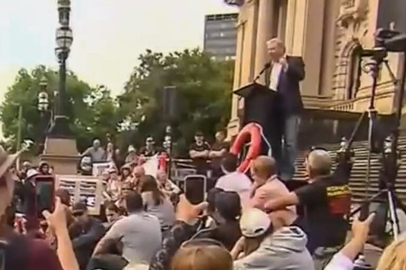 David Davis MP speaking to protesters at a Kill the Bill rally outside Parliament House.