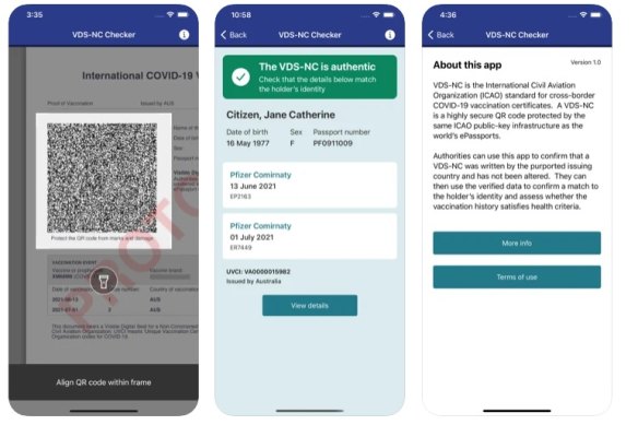 Screenshots of the QR code app Australia will use for international travel during the pandemic.