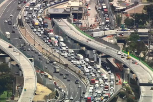 Traffic on the West Gate Freeway stretches back miles after a fatal crash at Southbank.
