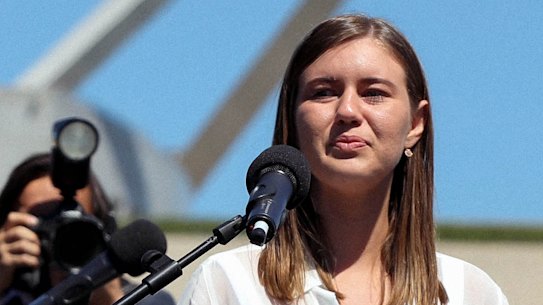 Brittany Higgins speaks at the March 4 Justice protest outside of Parliament House in Canberra.