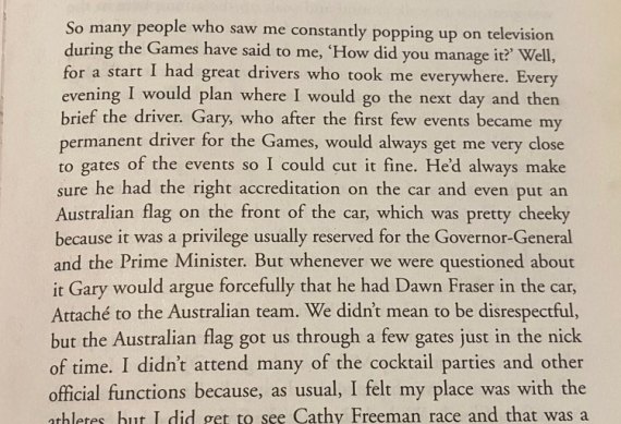 An excerpt from Dawn Fraser's autobiography, mentioning her driver Gary Merlino.