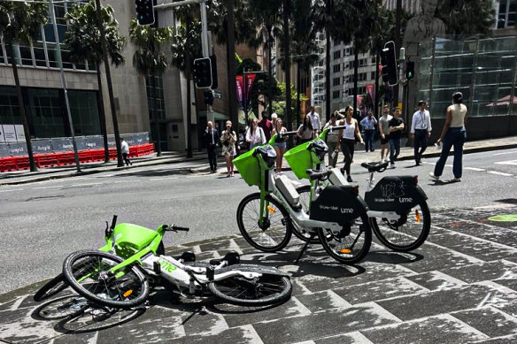 The shared e-bikes are regularly seen fallen over on footpaths across Sydney.