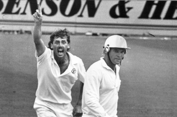 Tony Dodemaide, on his Test debut, dismisses Martin Crowe at the MCG in 1987.