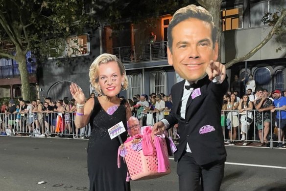 No show: Sarah and Lachlan Murdoch impersonators at Sydney Gay and Lesbian Mardi Gras 2023.