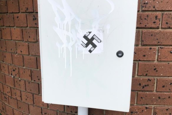 One of the swastika stickers put up in Caulfield on May 12.