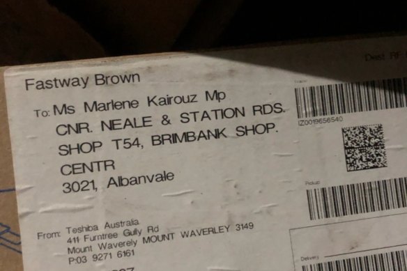The address on the box used to house ALP documents about branch stacking shows Marlene Kairouz's electorate office.
