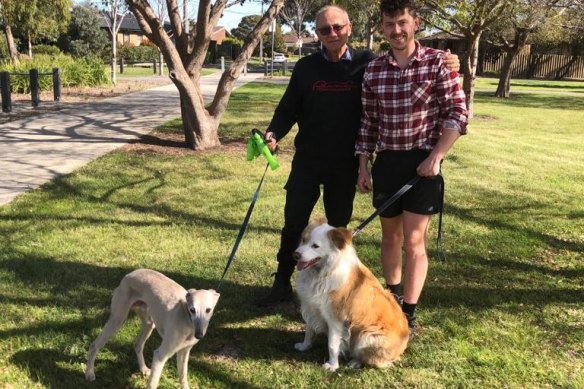 Ravi and owner Alastair Dow (left) pictured with Sam and his dog Albort after Sam rescued Ravi in Sunshine.