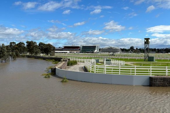 The flood wall around Flemington Racecourse on Friday October 14.