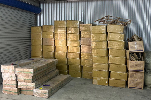 A warehouse allegedly uncovered in the raid filled with more than a million cigarettes and a tonne of tobacco – all from the black market and bound for Sydney streets.