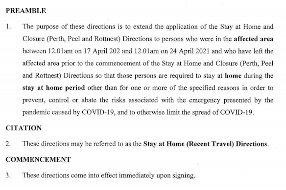 A new direction signed at 8.58pm on Saturday night backdates stay at home orders to April 17 although the preamble contains a date error.