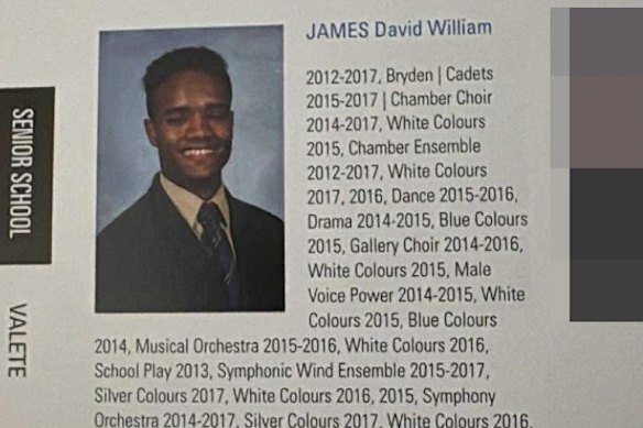 A entrada de David James no anuário Knox Grammar 2017.