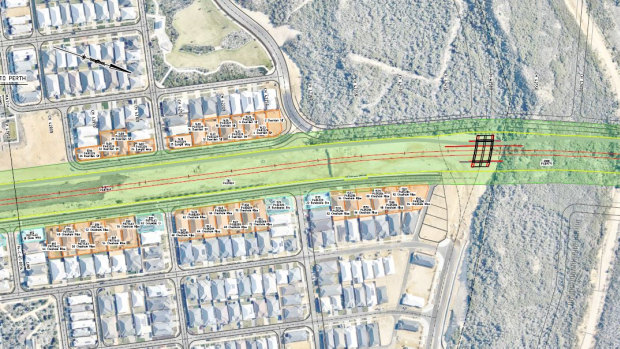 Some of the houses within the influence zone for the Yanchep rail extension (highlighted orange and blue). 