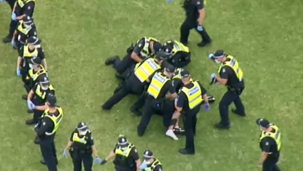 There was a large police presence at the protest in Melbourne.